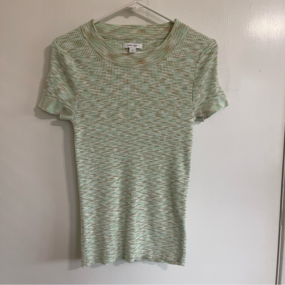 Nine West Women’s Size Small Short Sleeve Mint Green, Tan, & White Knit Top